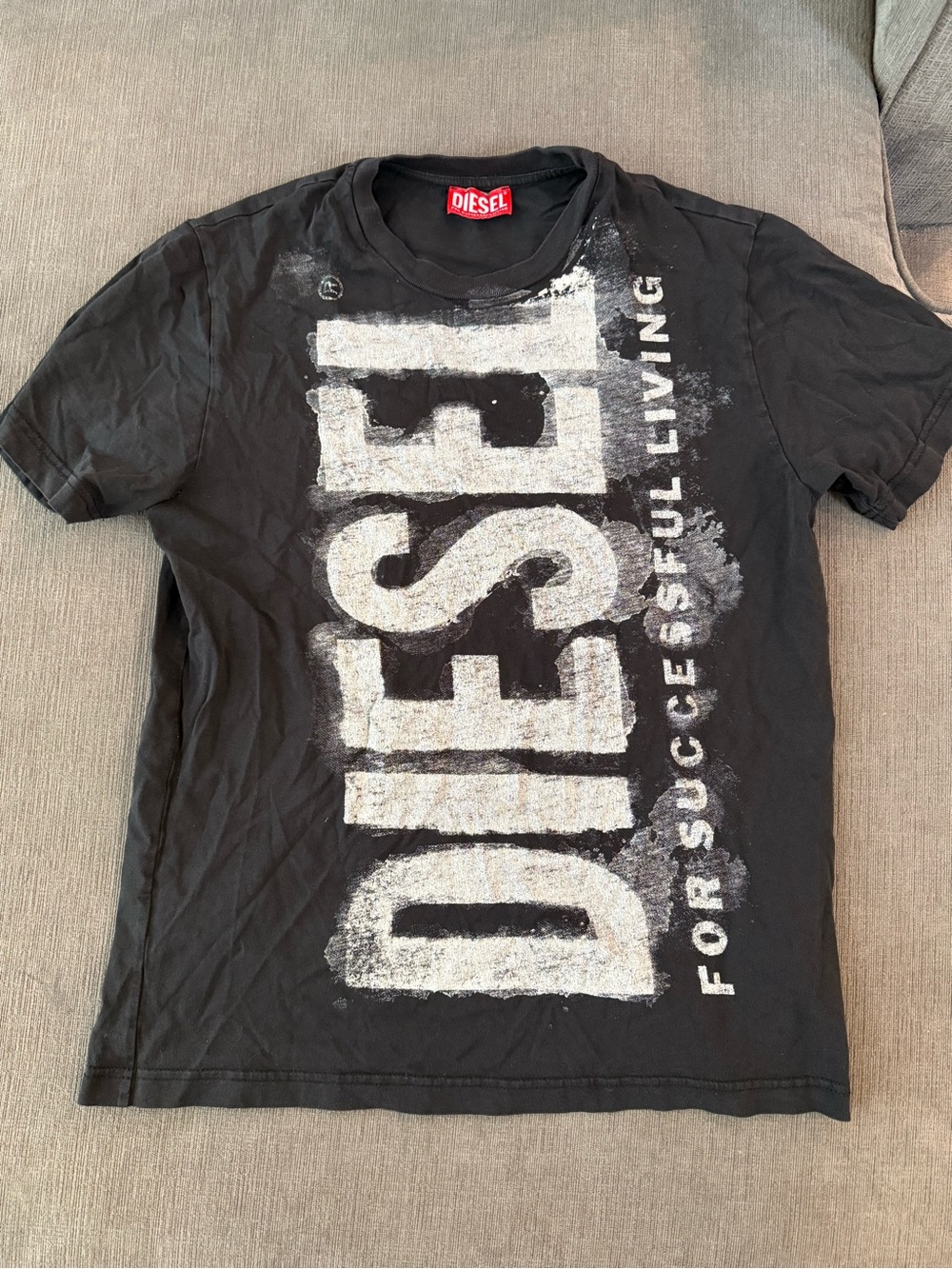 Diesel Black Tee with Distressed White Vertical Logo